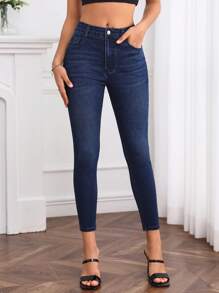 SHEIN Privé Cao eo Gầy Quần skinny Quần jean - Rửa tối - Xem 3