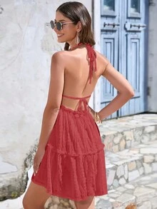 Ca-vát Backless Xù Hoa Sen Váy dây - Đỏ - Xem 2