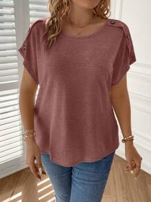 SHEIN Clasi Plus Button Detail Batwing Sleeve Tee - Red - View 6