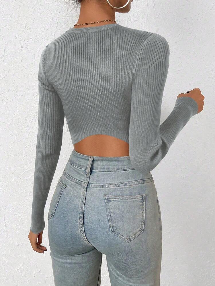 Solid Ribbed Knit Crop Knit Pullover Fall Winter Sweater