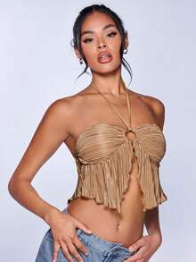 SHEIN BAE Vòng liên Ca-vát Backless Áo hai dây - Màu Khaki - Xem 3