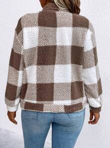 SHEIN LUNE Plus Buffalo Plaid Print Half Zip Teddy Sweatshirt - Coffee Brown - View 2