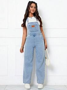 Flexra Letter Patched Pocket Front Denim Overalls Without Tee - Light Wash - View 1