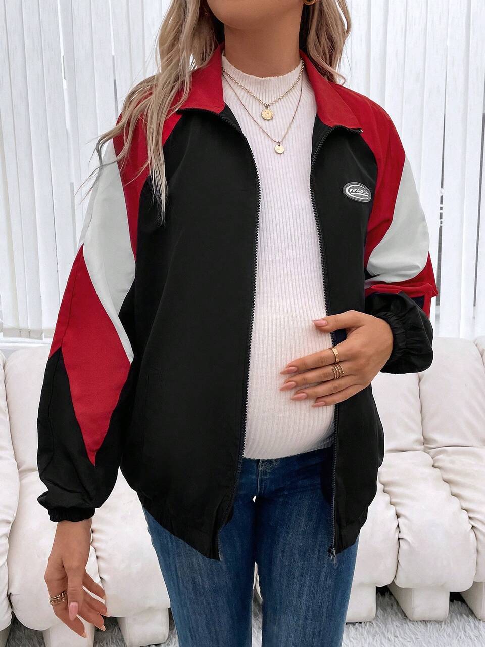 Maternity Jacket With Color Blocking Design, Typography Patch And Raglan Sleeve