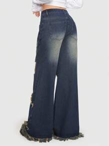 ROMWE Grunge Punk Ripped Wide Leg Jeans, School - Blue - View 3