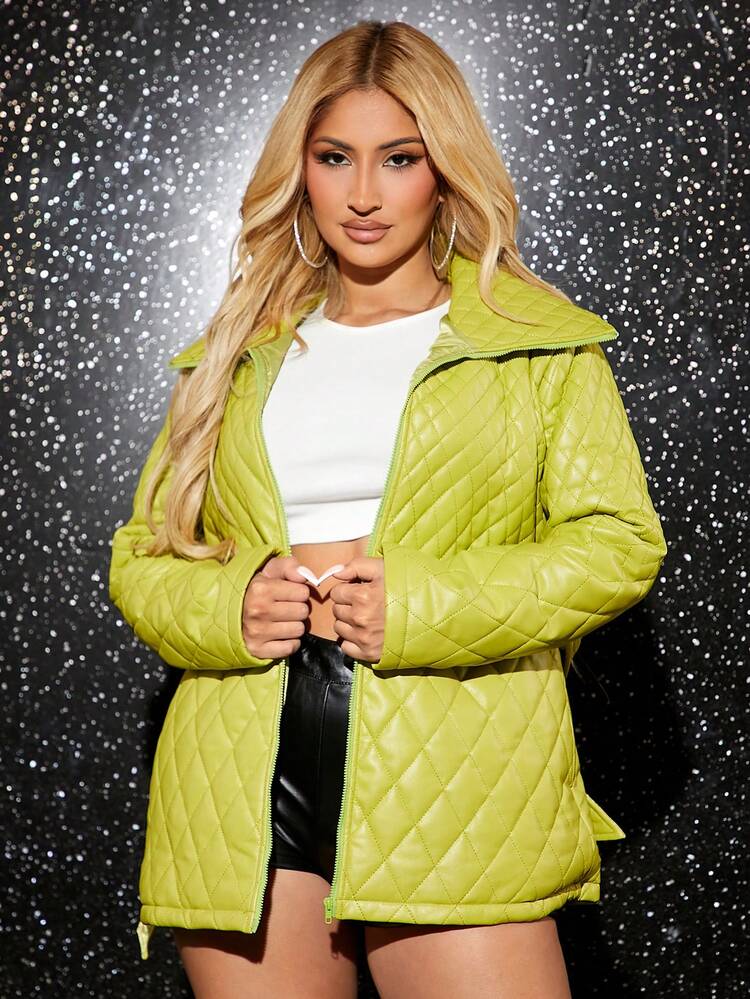 Zip Up Belted Quilted Winter Coat Party New Years Eve Sexy