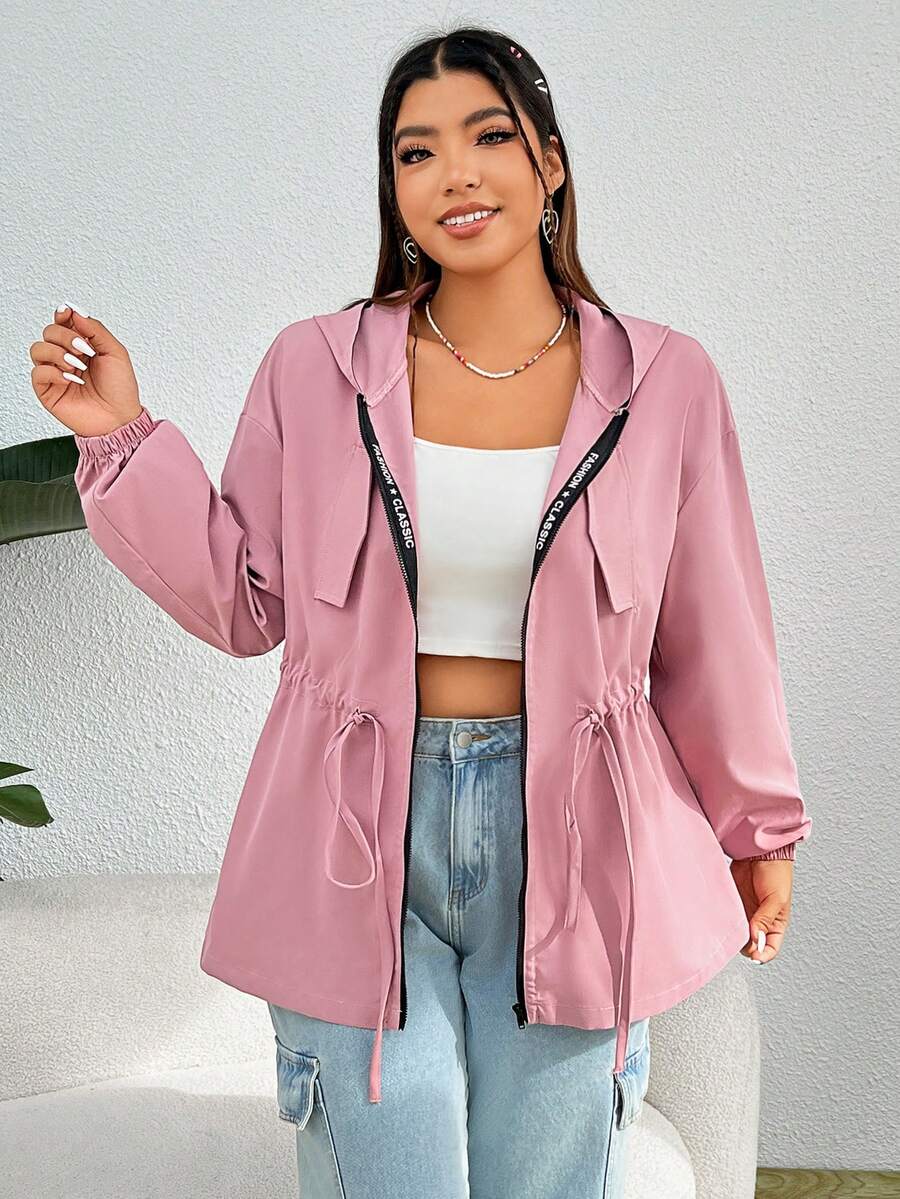 SHEIN EZwear 加抽繩腰落肩連帽大衣 - 藕粉色 - 查看 1