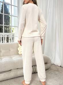 Solid Ribbed Knit Lounge Set White Set Lounge Wear Set Cozy Sets Women Lounge Set Outfit , Cozy And Elegant Details, Fall Winter Clothes, Fluffy - White - View 2