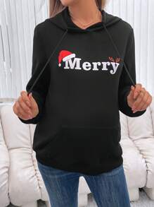 SHEIN 孕妇圣诞字母图案袋鼠口袋抽绳卫衣 - 黑色 - 查看 4