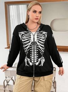 SHEIN ICON Áo nỉ tay dài có khóa kéo in hình bộ xương Halloween cỡ lớn, vai rớt - màu đen - Xem 3