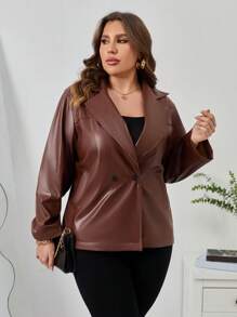 SHEIN Clasi Plus Double Button PU Leather Coat - Chocolate Brown - View 3