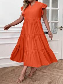 SHEIN LUNE Plus Notched Neck Ruffle Hem Smock Dress - Orange - View 5