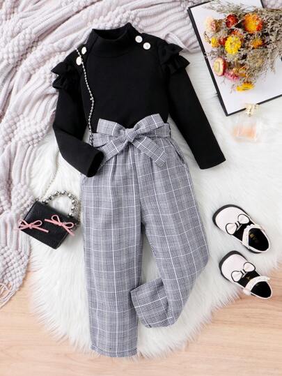 SHEIN Elladie kids 女小童荷葉邊T恤&格紋印花腰帶長褲