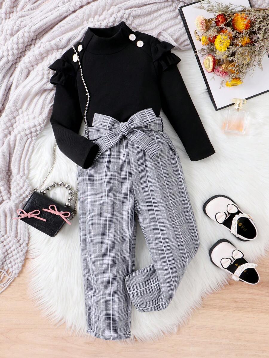 SHEIN Elladie kids 女小童荷葉邊T恤&格紋印花腰帶長褲