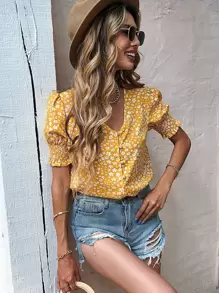 SHEIN Holidaya 碎花褶皱袖女式衬衫 - 黃色 - 查看 1