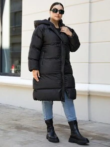 EURMUSE Plus Zip Up Hooded Puffer Coat, For Winter - Black - View 3