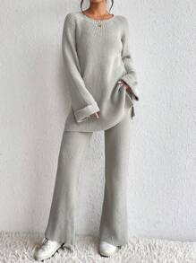 SHEIN LUNE Jersey de manga raglán bajo con abertura con pantalones tejidos