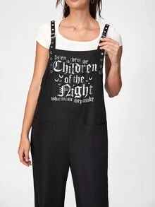 Nemons 標語圖案口袋貼布背帶連身褲不帶T恤 - 黑色 - 查看 2