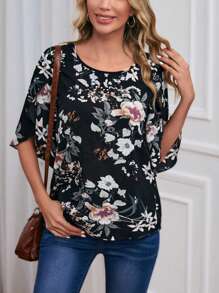EMERY ROSE Floral Print Petal Sleeve Blouse - Black - View 4