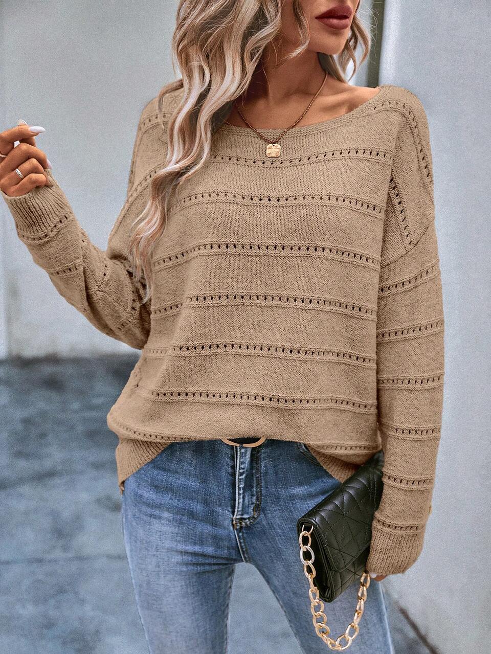 Boat Neck Pointelle Knit Drop Shoulder Knit Pullover Fall Winter Sweater