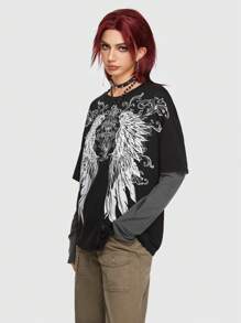 ROMWE Grunge Punk 2 合 1 翅膀图案 T 恤，学校 - 黑色 - 查看 3