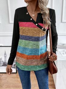 SHEIN Clasi Color Block Button Detail Tee - Black - View 5