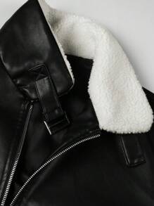 Manfinity Homme 男士时尚博格领拉链夹克，秋季外出黑色长袖拼色 PU 皮夹克，适合朋友、丈夫、男朋友的礼物，垃圾摇滚 - 黑色 - 查看 5