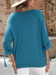 EMERY ROSE 捲邊袖打結袖口落肩袖套頭毛衣 - 藍色 - 查看 2