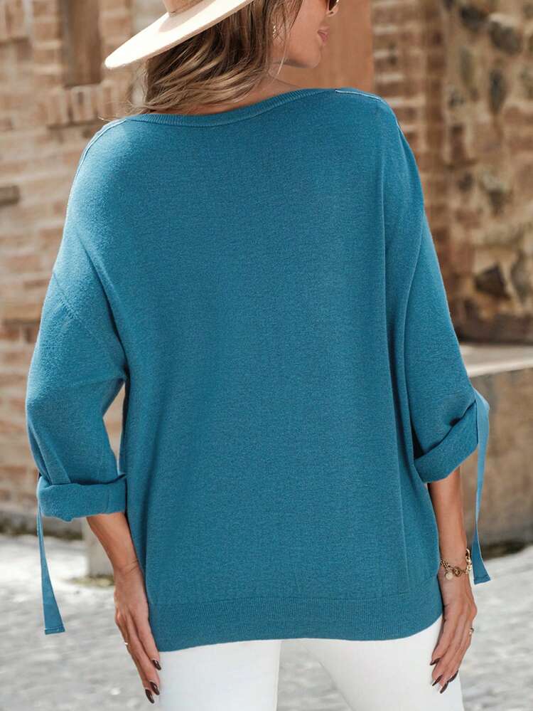 Roll Tab Sleeve Knot Cuff Drop Shoulder Sweater