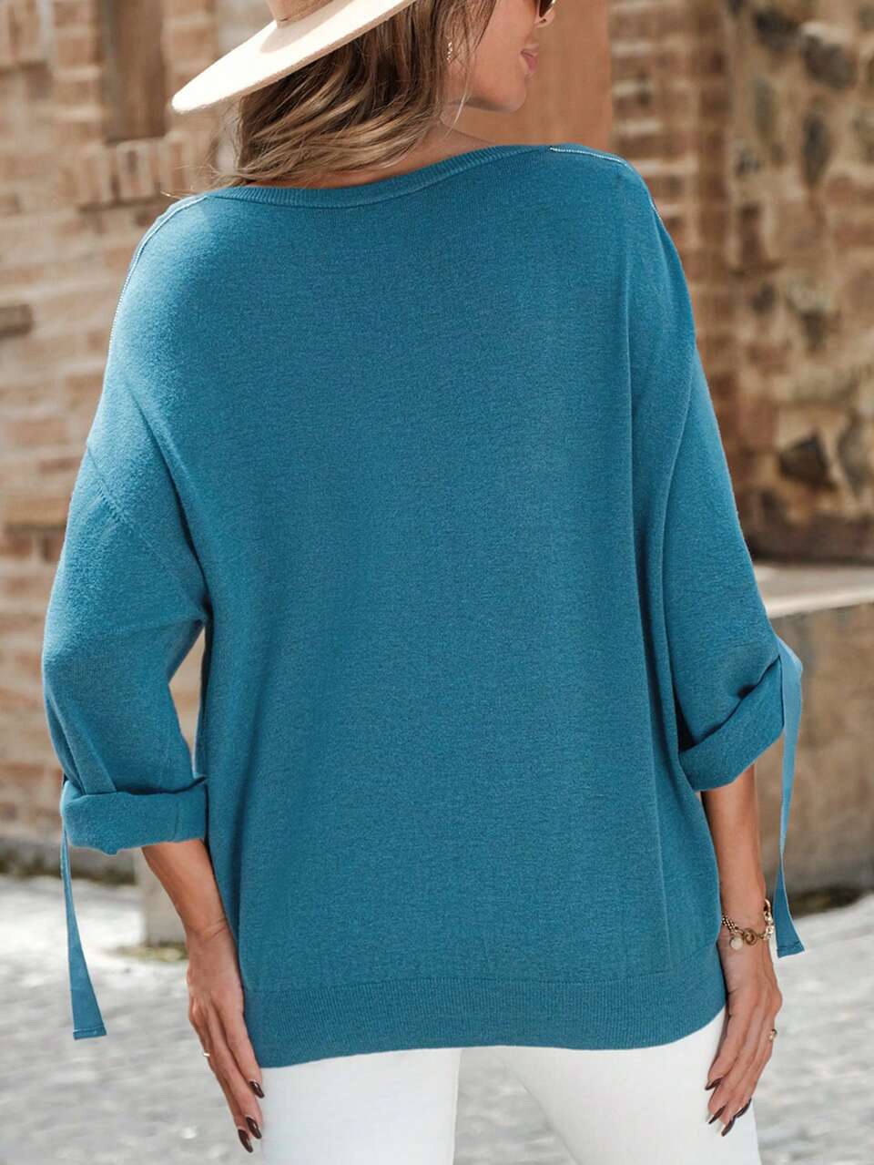 Roll Tab Sleeve Knot Cuff Drop Shoulder Sweater