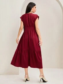 Modelyn Notched Neckline Ruffle Hem Dress - Red - View 2