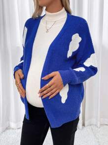 SHEIN Maternity Clouds Pattern Drop Shoulder Duster Cardigan, For Winter - Blue and White - View 1