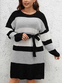 SHEIN LUNE Plus Áo len thắt lưng trễ vai Colorblock - Nhiều màu - Xem 5