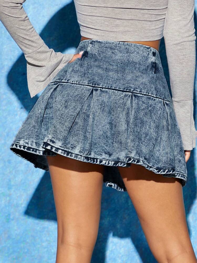 Zip Detail Fold Pleated Denim Skirt