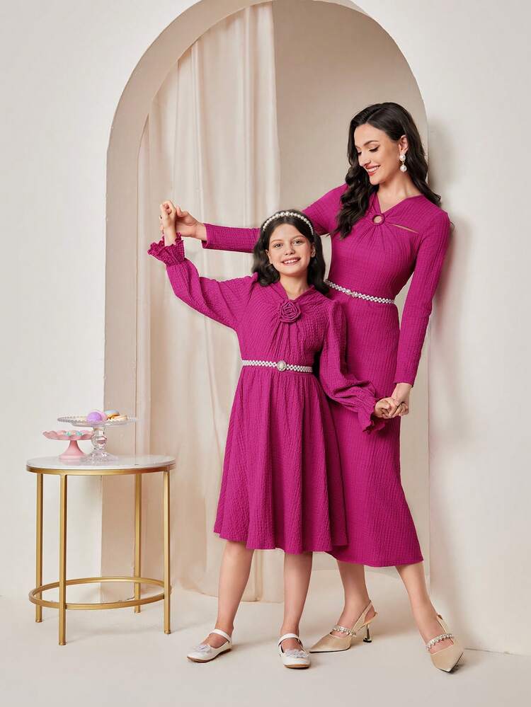 Tween Girl 3d Rose Front Flare Sleeve Dress Without Belt