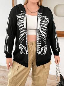 SHEIN ICON Áo nỉ tay dài có khóa kéo in hình bộ xương Halloween cỡ lớn, vai rớt - màu đen - Xem 7