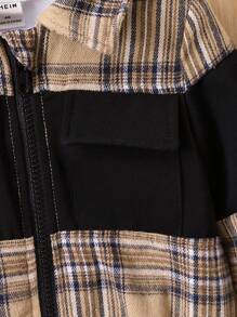 Baby Girl Plaid Print Zip Up Flap Pocket Jacket Without Tee - Multicolor - View 3