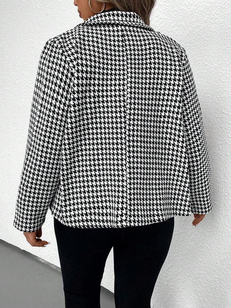 Plus Houndstooth Print Zipper Placket Coat Fall Cloth For Women