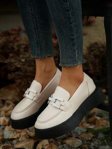 Women's Wedge Heel & Thick Sole Loafers - Beige - View 3