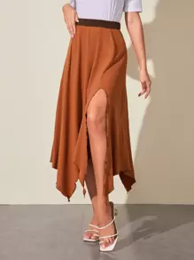SHEIN Clasi Solid Contrast Waist Hanky Split Thigh Skirt