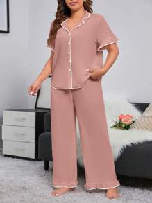 加大对比色绑带纽扣前睡衣套装/睡衣套装女士睡衣套装女士睡衣曲线睡衣 - 藕粉色 - 查看 4