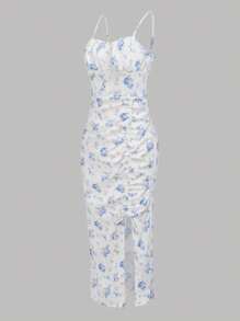 SHEIN Girlism Thiếu niên cô gái In hoa Xù Tách đùi Váy Dây - Màu xanh lam - Xem 3