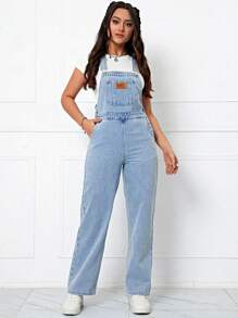 Flexra Letter Patched Pocket Front Denim Overalls Without Tee - Light Wash - View 4