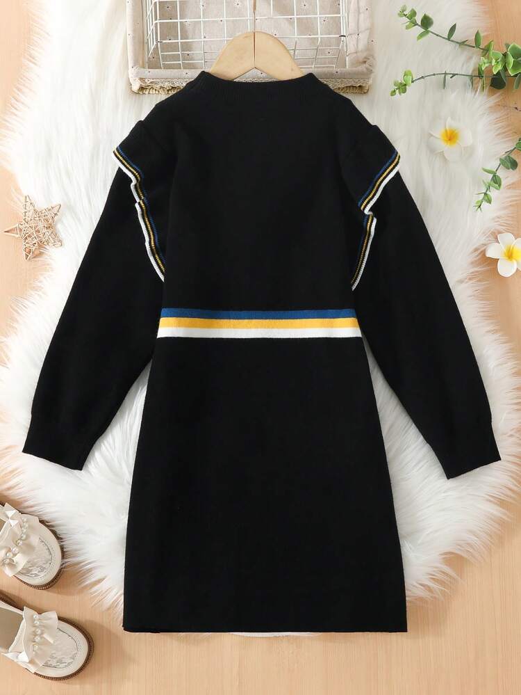 Tween Girl Striped Pattern Ruffle Trim Sweater Dress