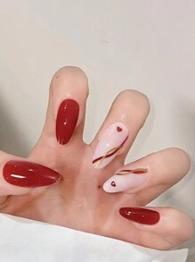 24入組長型杏仁紅色實心金線愛心啞光假指甲＆1入組指甲文件＆1片膠帶貼，可黏貼式指甲用品，讓你更具時尚感 - 彩色 - 查看 5