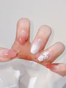 24pcs/Set Medium Long Coffin Shaped Fake Nails With Floral, Rhinestone Decor For Fashionable, Simple, Gradient French Manicure Nail Art, Party, Daily Use Press On Nails Nail Supplies - Multicolor - View 5