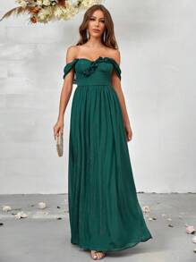 SHEIN Belle Váy cô dâu lệch vai - màu xanh lá - Xem 6