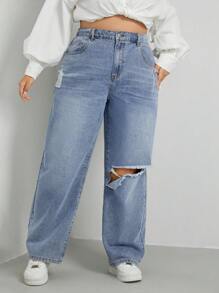 SHEIN EZwear 大碼高腰破洞直筒牛仔褲 - 藍色 - 查看 1