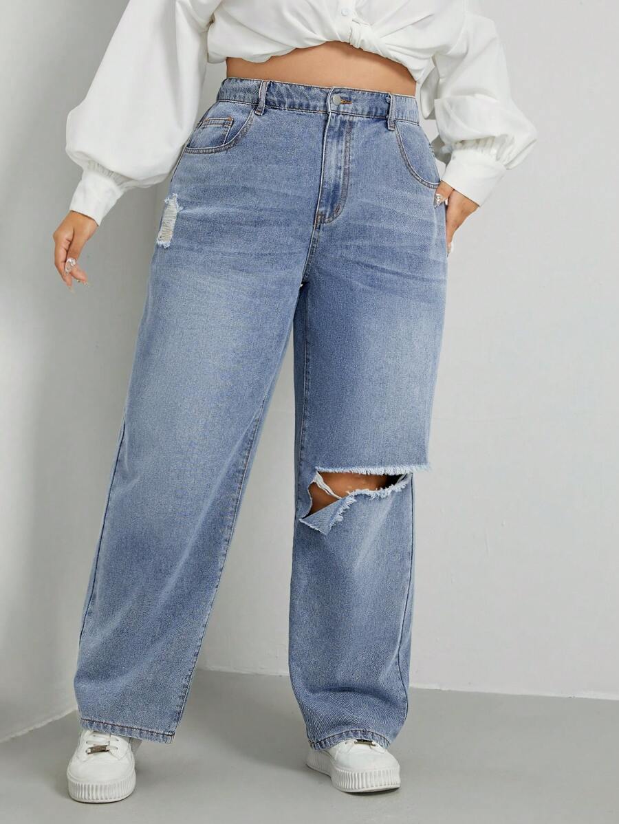 SHEIN EZwear 大碼高腰破洞直筒牛仔褲 - 藍色 - 查看 1
