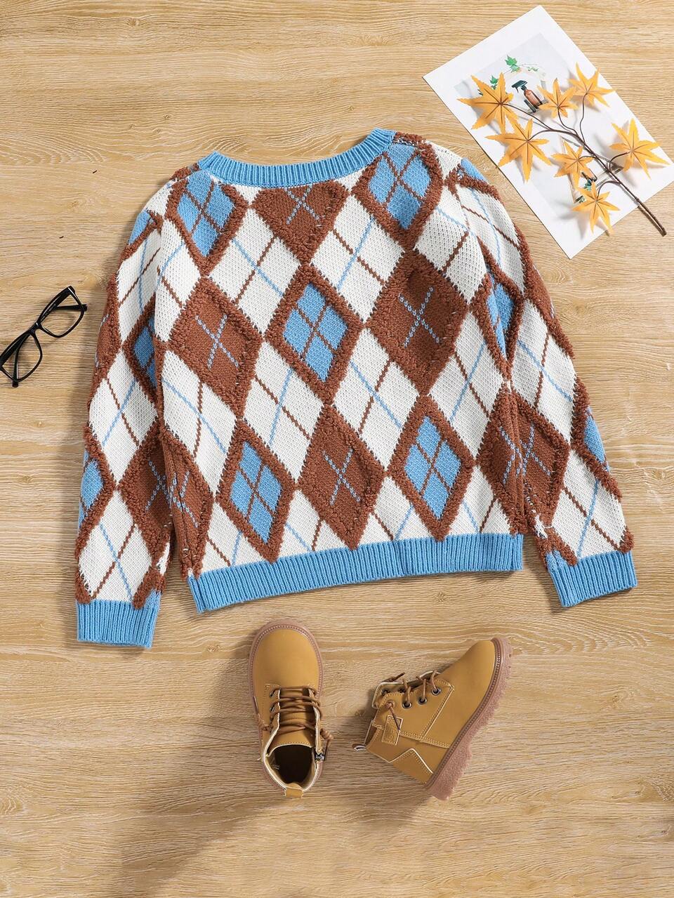 Tween Boy Argyle Pattern Contrast Trim Sweater